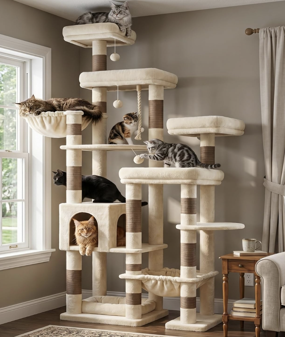 Hey-brother 72.8" Cat Tree Tower, 5 Platforms & Extended Base (Beige/Brown)