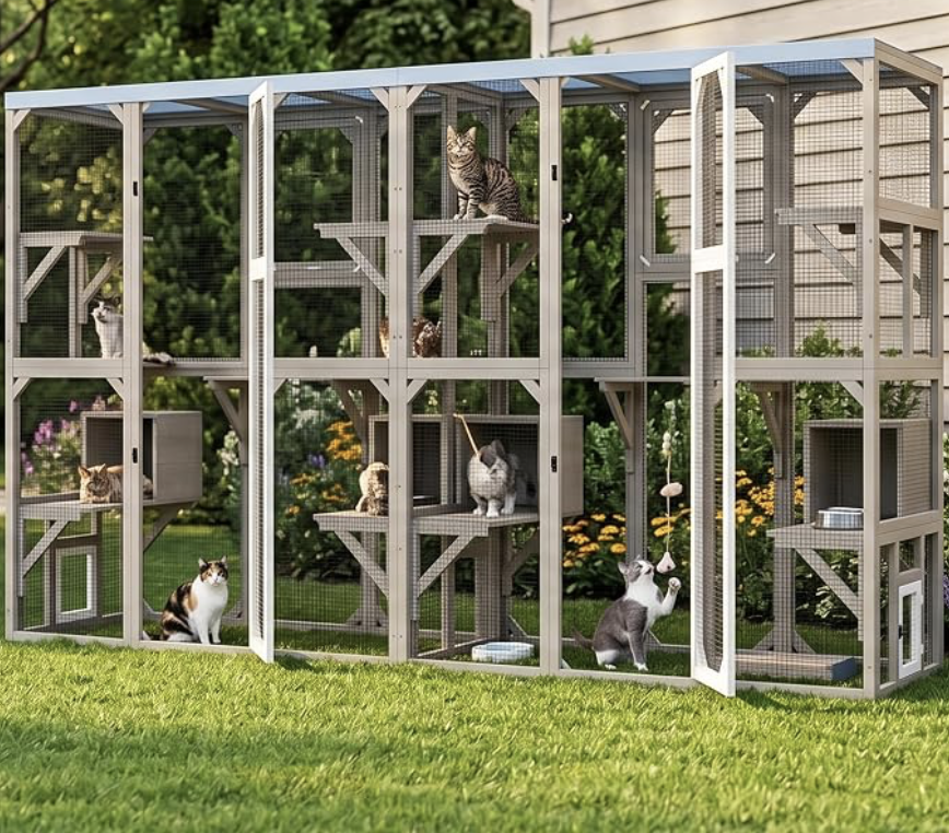 PETSCOSSET 68" Walk-In Wooden Outdoor Catio, 5 Platforms & 2 Condos